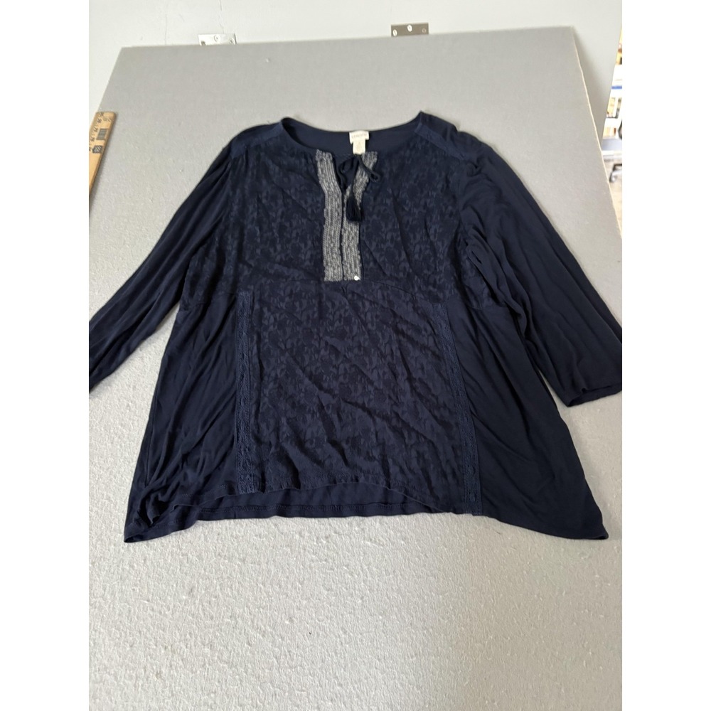 Chico's Shirt Womens XL Navy Blue Lace Embroidered Sequin Tunic Boho 3/4 Sleeve